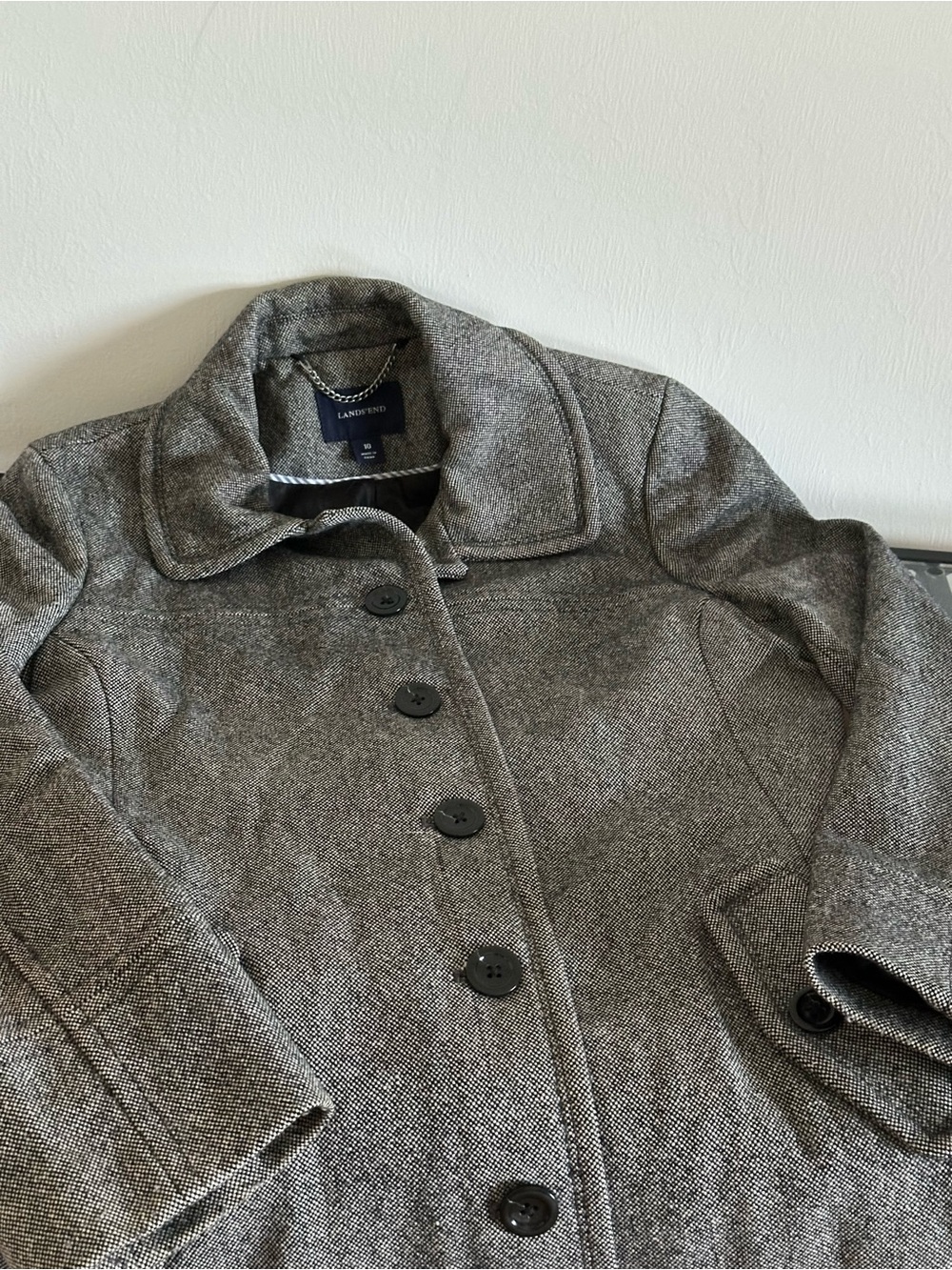 Lands End Grey Black Marl Wool Military Pea Coat Button Winter Size 10 - Picture 7 of 9